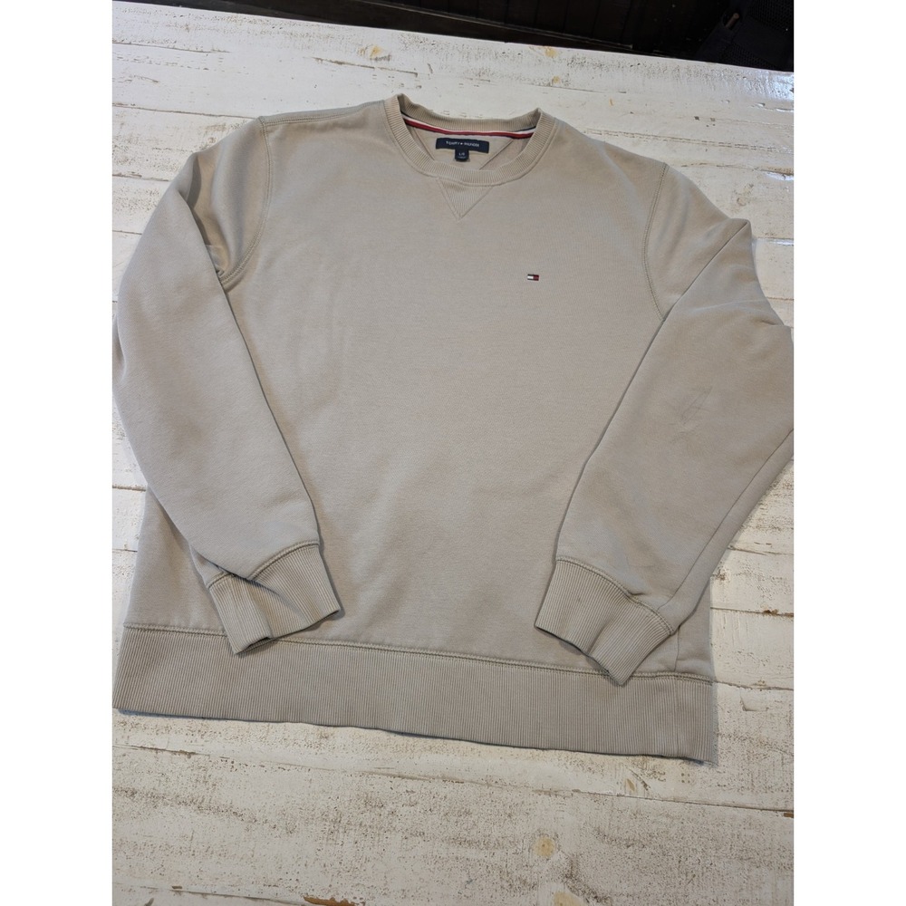 Tommy Hilfiger Men's Beige Crew Neck Pullover Sweatshirt Logo Cotton Knit Large
